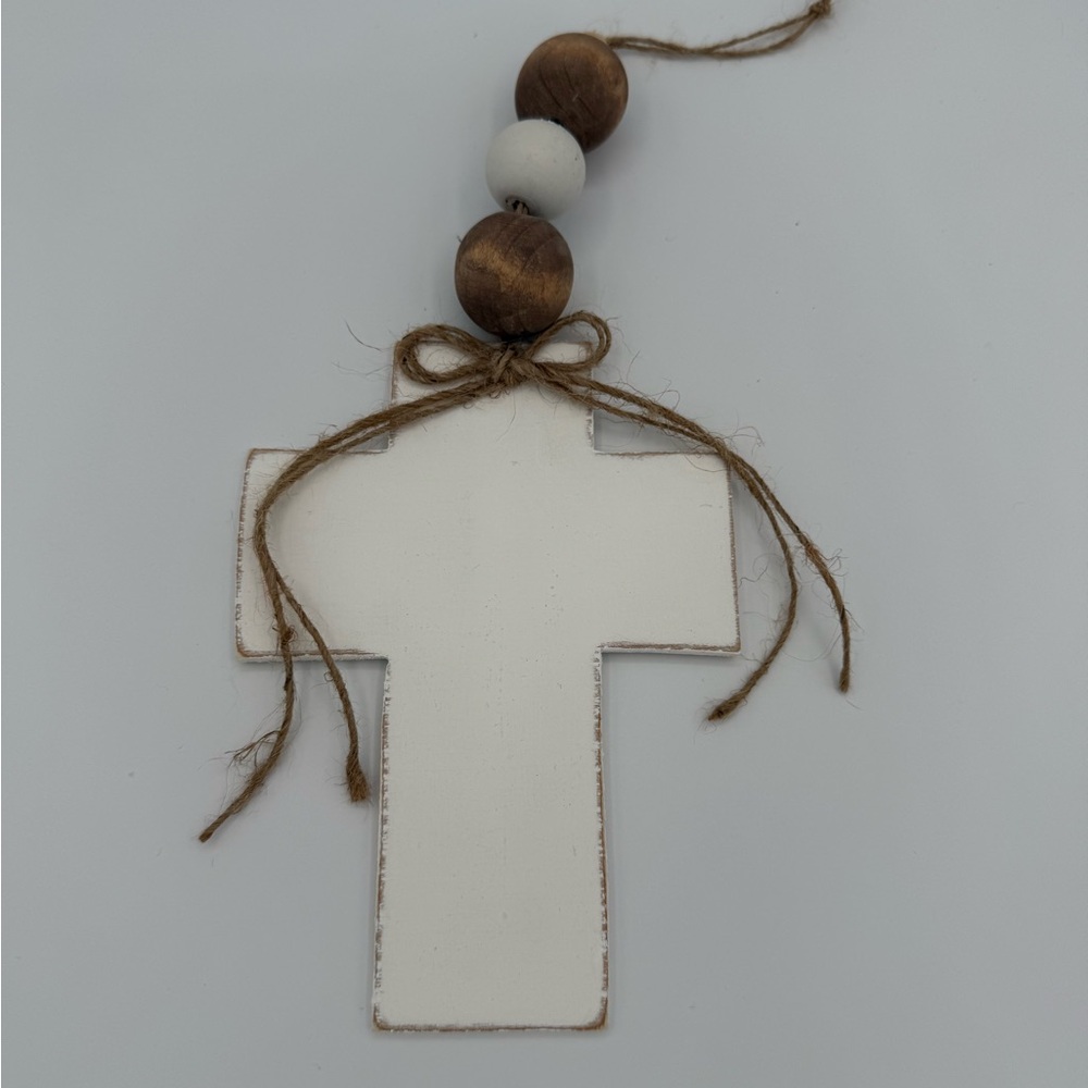HANDCRAFTED White Wooden Cross with Beaded Accent Ornament
